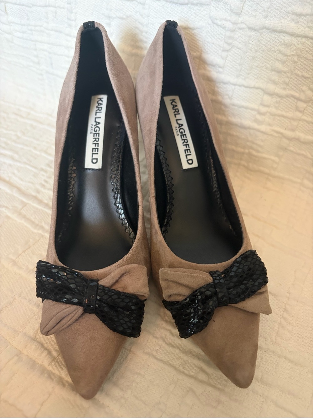 Karl Lagerfeld Taupe Suede Pointed Toe Pumps with Black Bow Accent